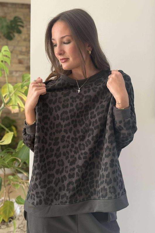 The Scamp Leopard Chillax Sweatshirt Dark Khaki