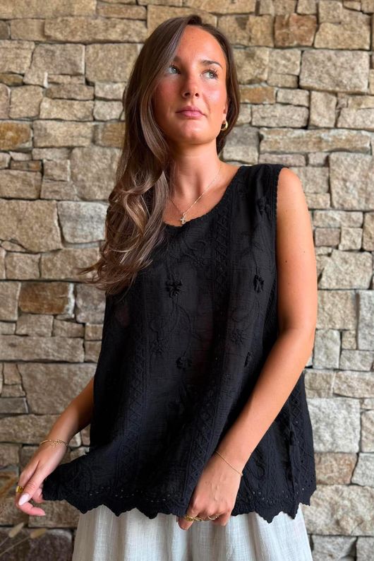 Tilda Floral Applique Tank Black
