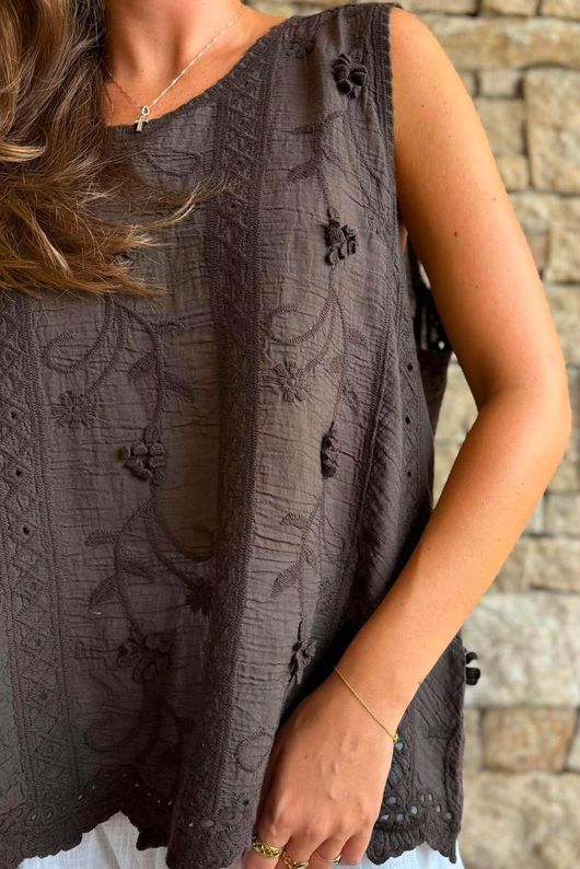 Tilda Floral Applique Tank Chocolate
