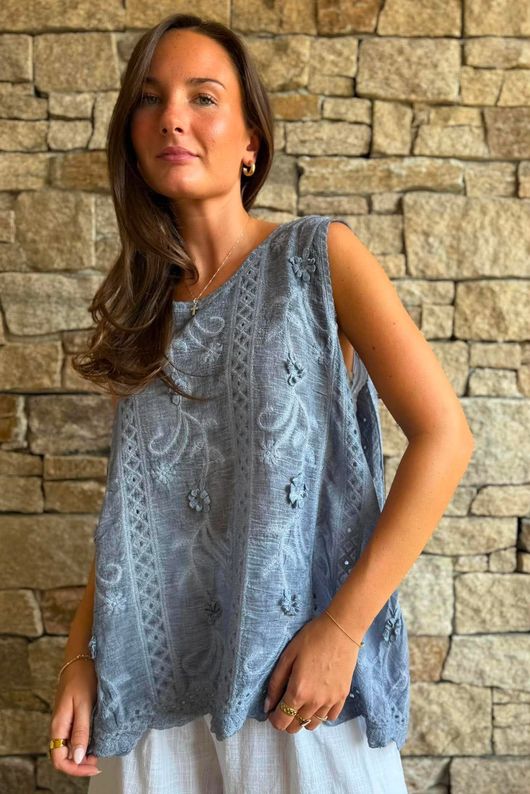 Tilda Floral Applique Tank Denim