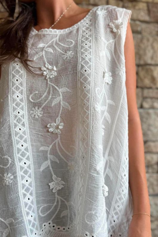 Tilda Floral Applique Tank White