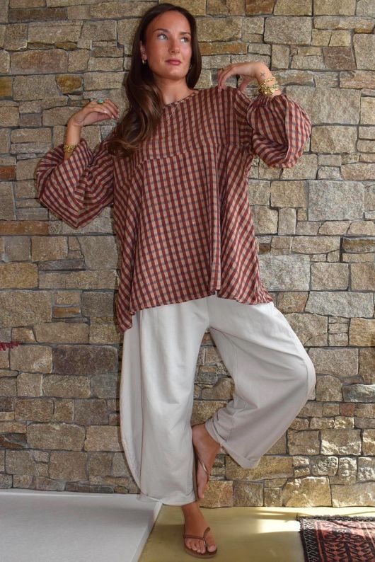 Vivienne Plaid Bell Sleeve Peasant Smock Chestnut & Hazelnut