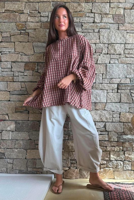 Vivienne Plaid Bell Sleeve Peasant Smock Chestnut & Hazelnut