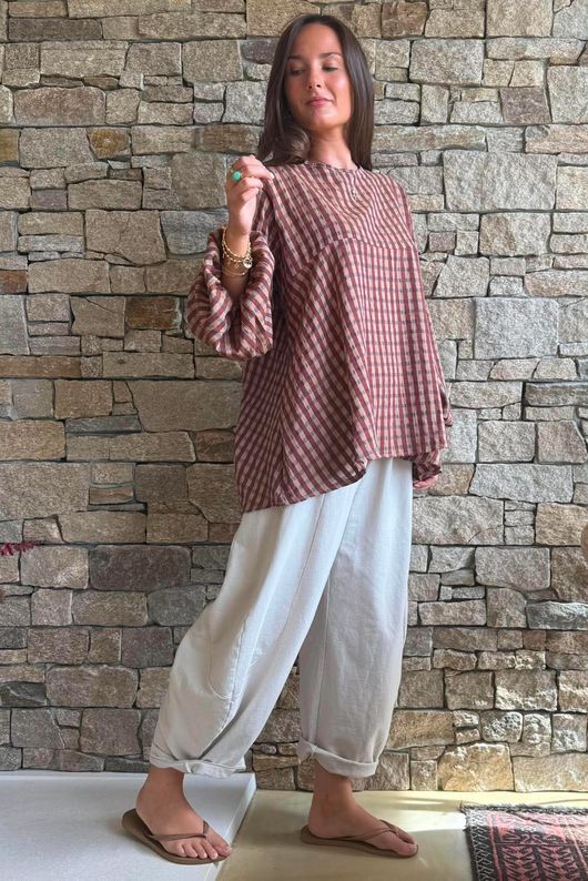 Vivienne Plaid Bell Sleeve Peasant Smock Chestnut & Hazelnut