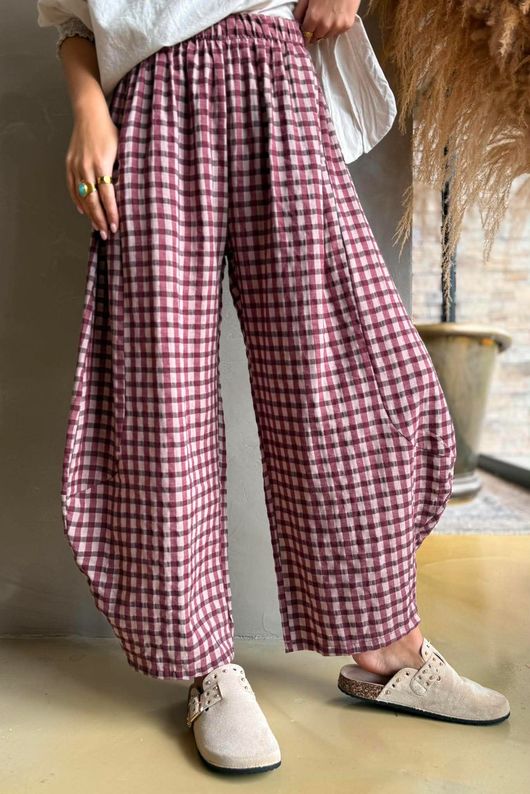 Vivienne Plaid 7/8 Barrel Pant Damson & Blush