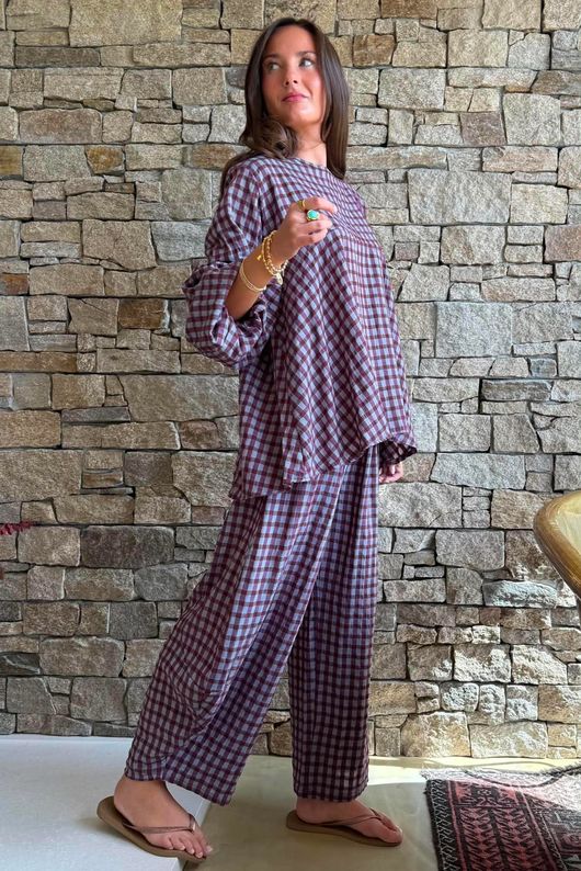 Vivienne Plaid Bell Sleeve Peasant Smock Aubergine & Denim