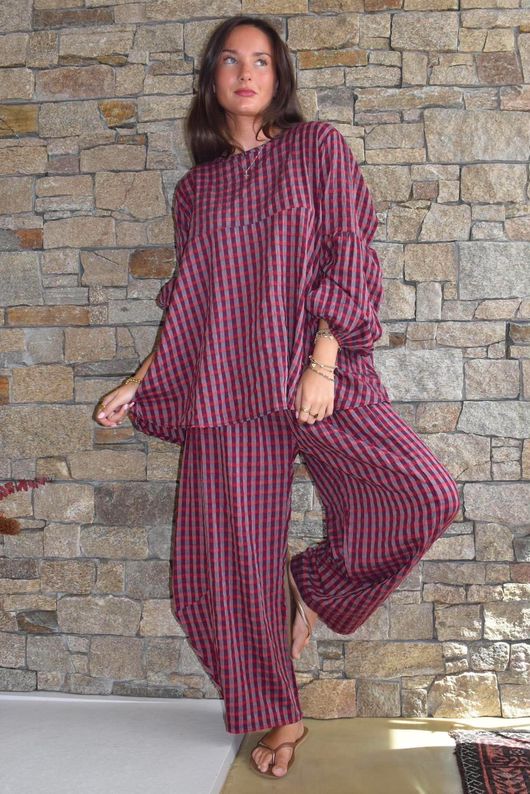 Vivienne Plaid Bell Sleeve Peasant Smock Burgundy & Russet