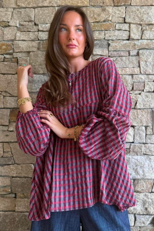 Vivienne Plaid Bell Sleeve Peasant Smock Burgundy & Russet