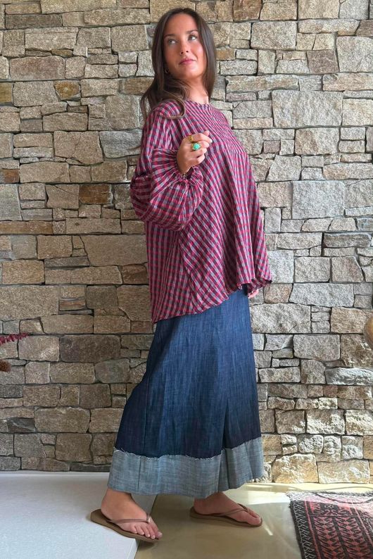 Vivienne Plaid Bell Sleeve Peasant Smock Burgundy & Russet