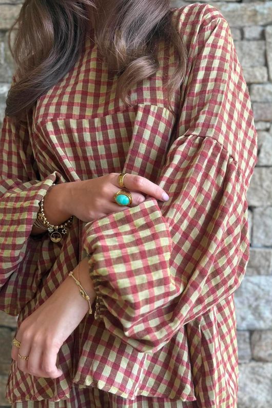 Vivienne Plaid Bell Sleeve Peasant Smock Olive & Russet