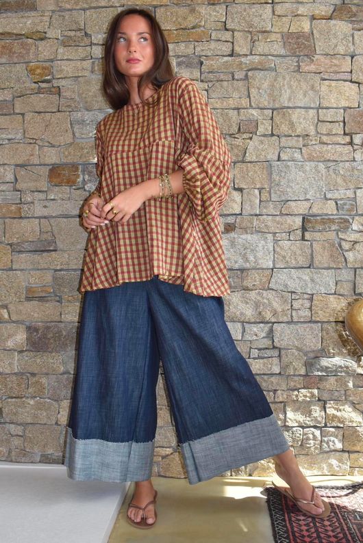 Vivienne Plaid Bell Sleeve Peasant Smock Olive & Russet