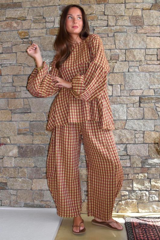 Vivienne Plaid Bell Sleeve Peasant Smock Olive & Russet