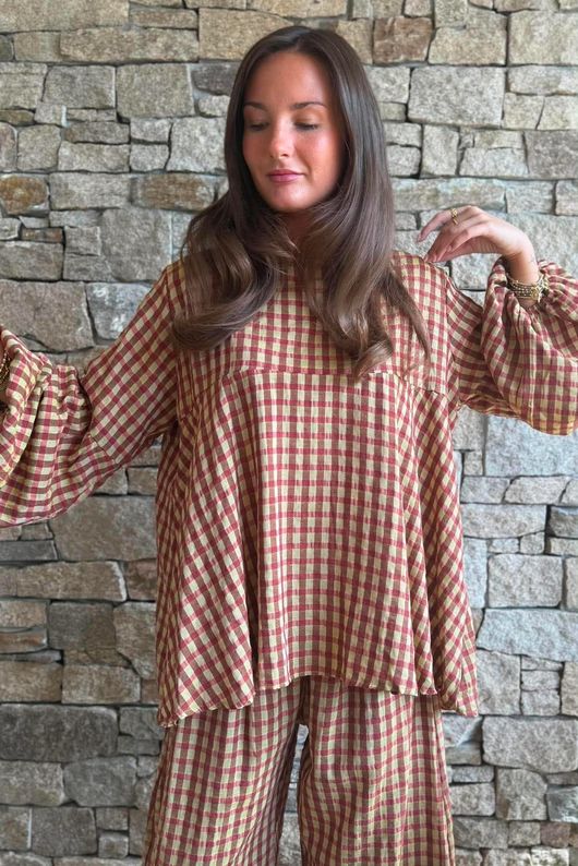 Vivienne Plaid Bell Sleeve Peasant Smock Olive & Russet