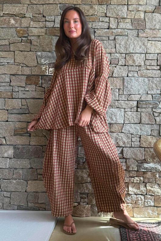 Vivienne Plaid Bell Sleeve Peasant Smock Olive & Russet