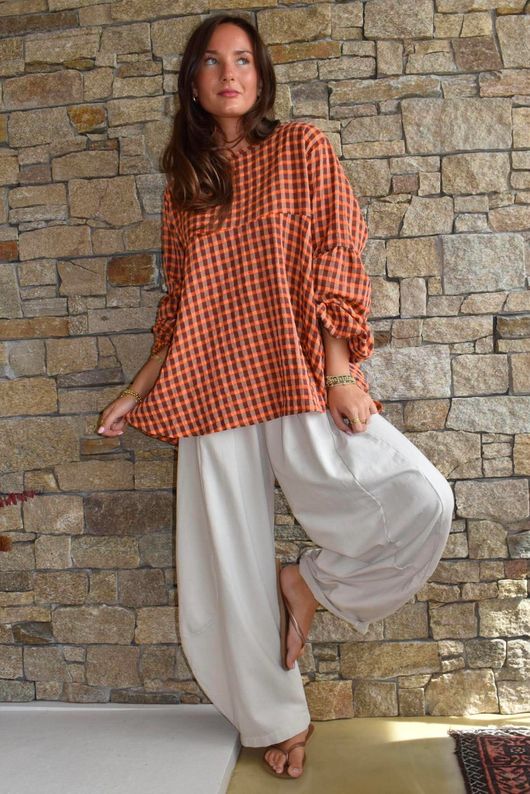 Vivienne Plaid Bell Sleeve Peasant Smock Chestnut & Marmalade