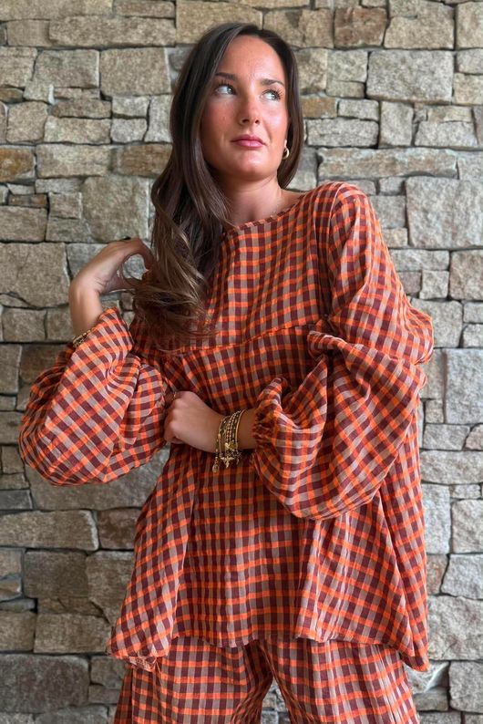 Vivienne Plaid Bell Sleeve Peasant Smock Chestnut & Marmalade