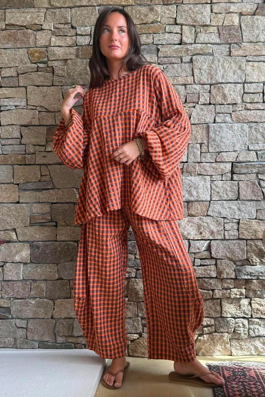 Vivienne Plaid Bell Sleeve Peasant Smock Chestnut & Marmalade
