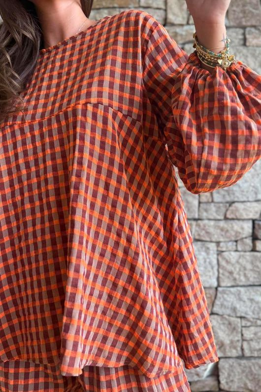 Vivienne Plaid Bell Sleeve Peasant Smock Chestnut & Marmalade