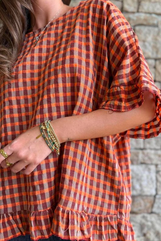 Vivienne Plaid Frill Box Top Chestnut & Marmalade