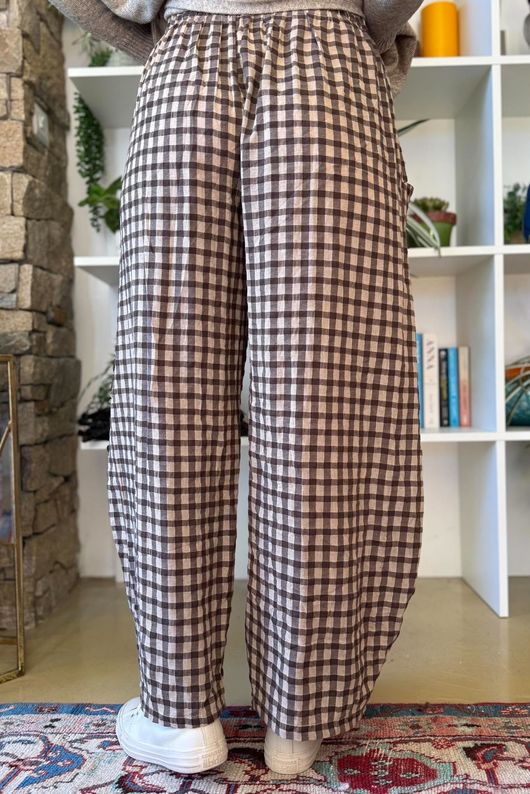 Vivienne Plaid Relaxed Barrel Pant Chocolate & Oat