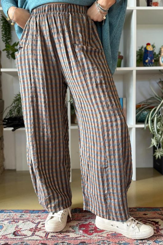 Vivienne Plaid Relaxed Barrel Pant Chocolate & Teal