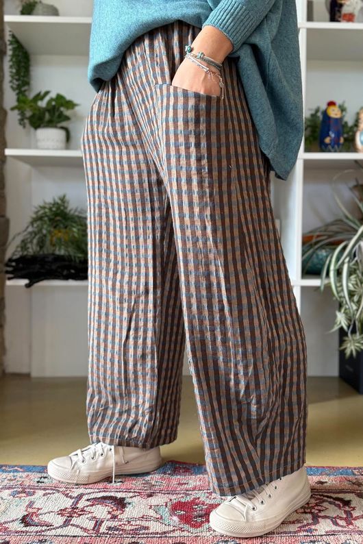 Vivienne Plaid Relaxed Barrel Pant Chocolate & Teal