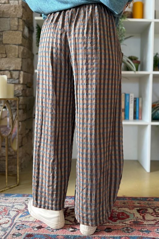 Vivienne Plaid Relaxed Barrel Pant Chocolate & Teal