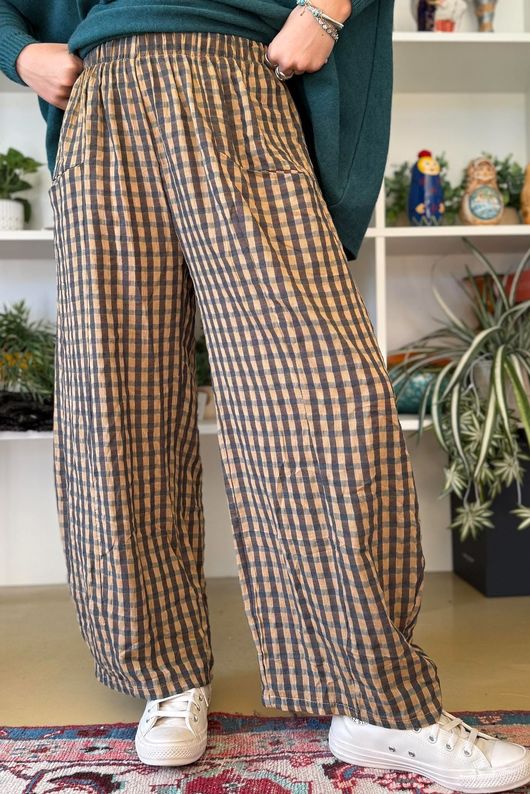 Vivienne Plaid Relaxed Barrel Pant Ochre & Chocolate