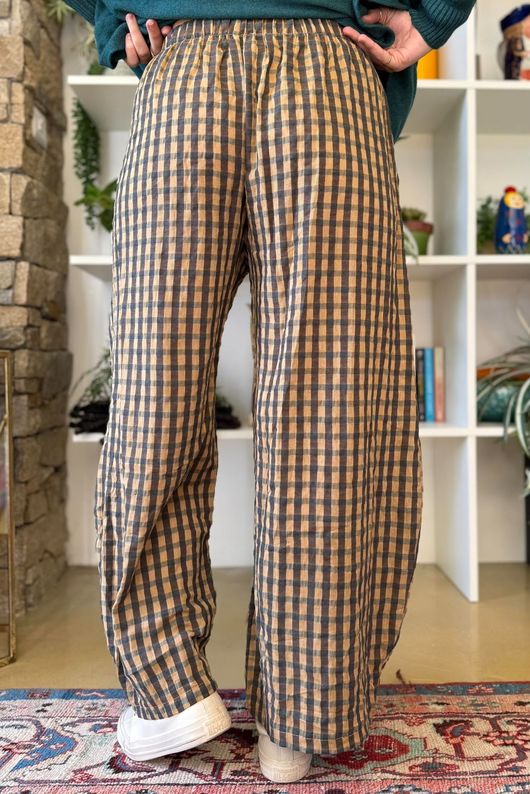 Vivienne Plaid Relaxed Barrel Pant Ochre & Chocolate