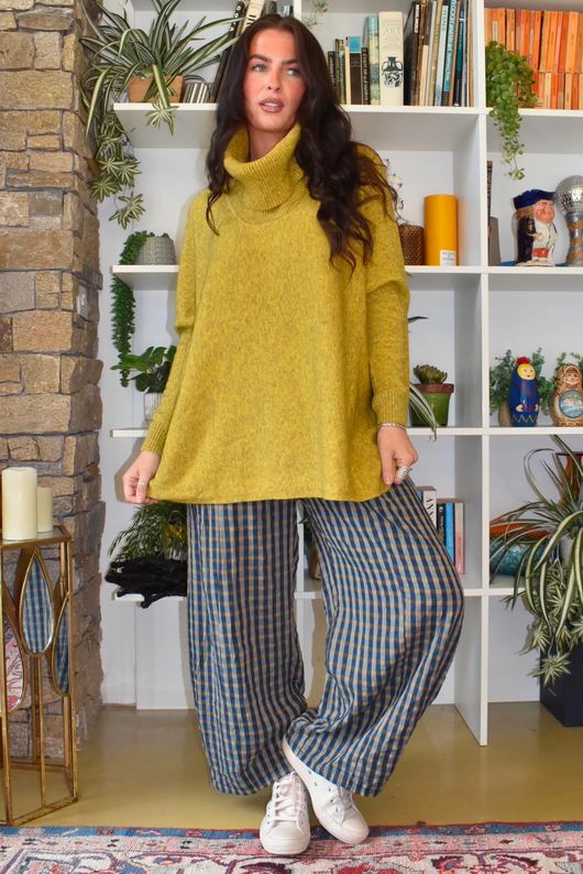 Vivienne Plaid Relaxed Barrel Pant Petrol & Ochre