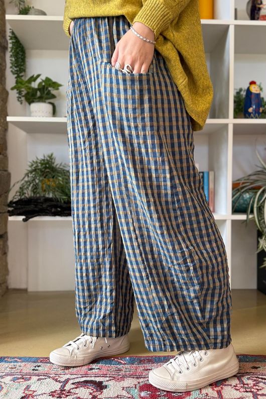 Vivienne Plaid Relaxed Barrel Pant Petrol & Ochre