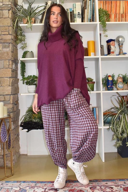 Vivienne Plaid Shelby Barrel Pant Aubergine & Denim