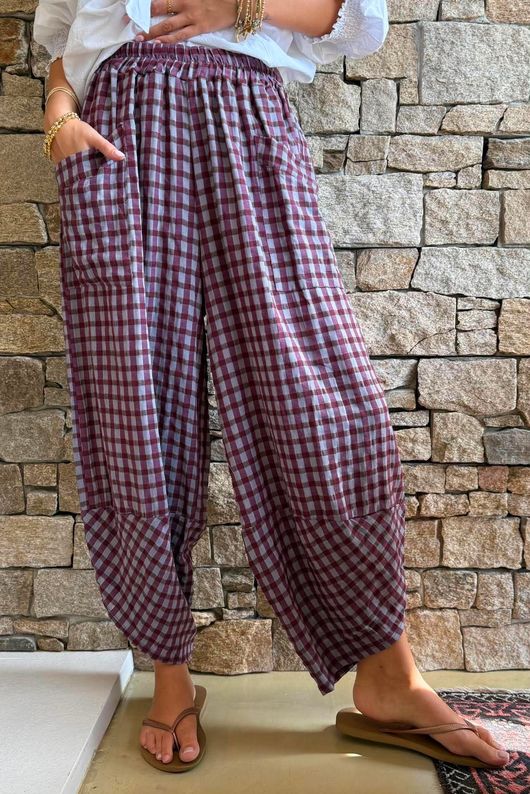 Vivienne Plaid Shelby Barrel Pant Aubergine & Denim