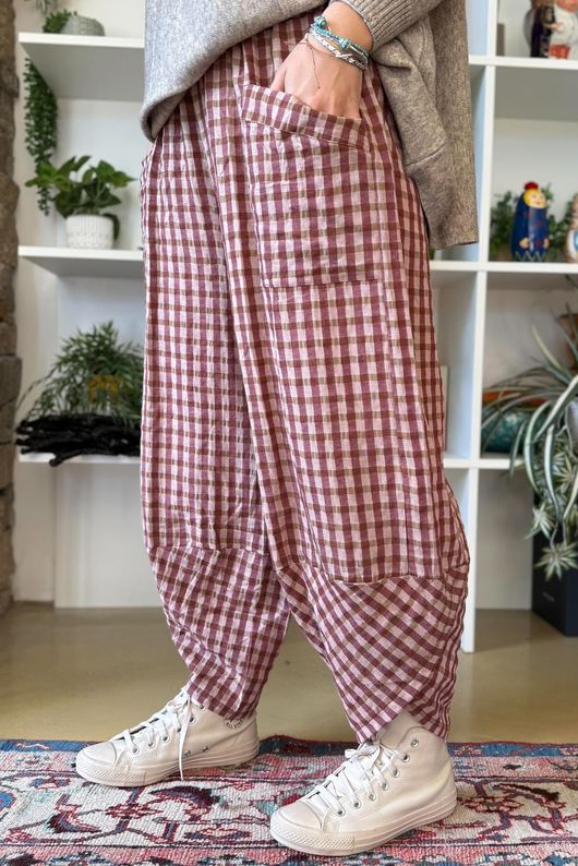 Vivienne Plaid Shelby Barrel Pant Burgundy & Rose