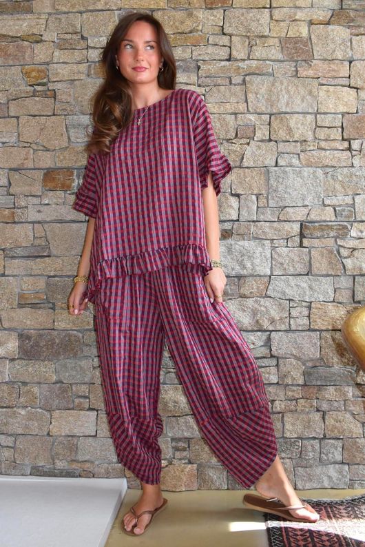 Vivienne Plaid Shelby Barrel Pant Burgundy & Russet