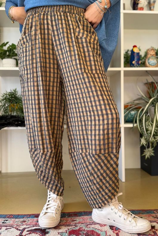 Vivienne Plaid Shelby Barrel Pant Ochre & Chocolate