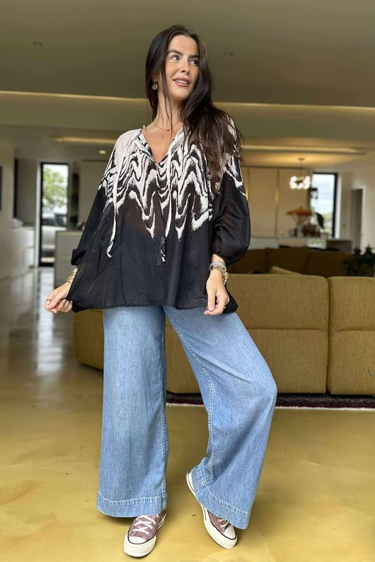 Woodstock Pure Cotton Peasant Blouse Stone Black