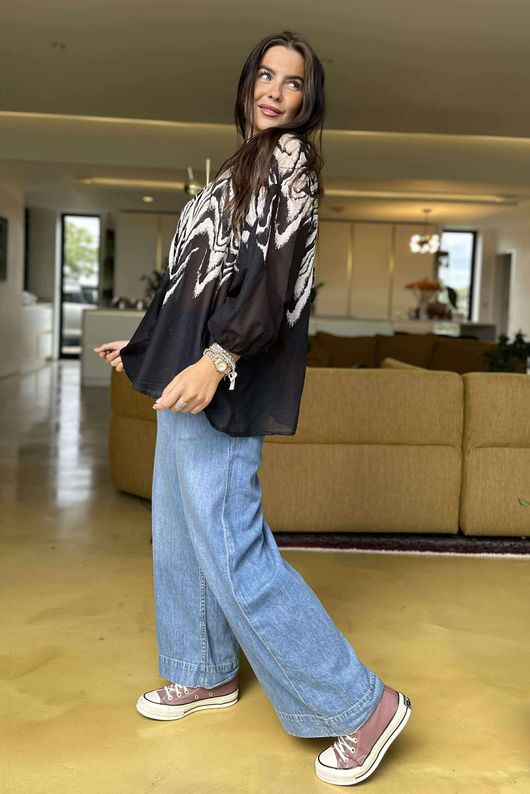 Woodstock Pure Cotton Peasant Blouse Stone Black
