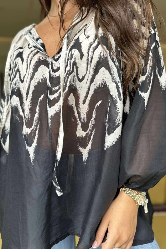 Woodstock Pure Cotton Peasant Blouse Stone Black