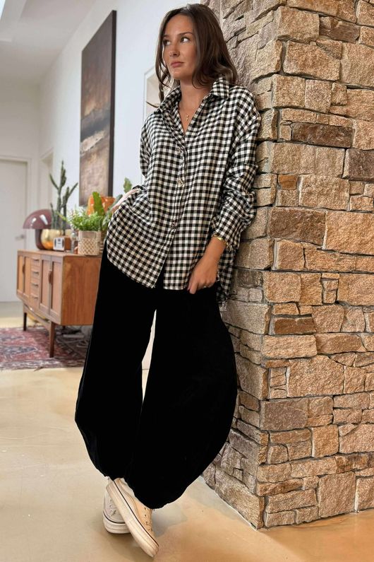 Zeta Otto Brushed Cotton Plaid Shirt Black Ecru