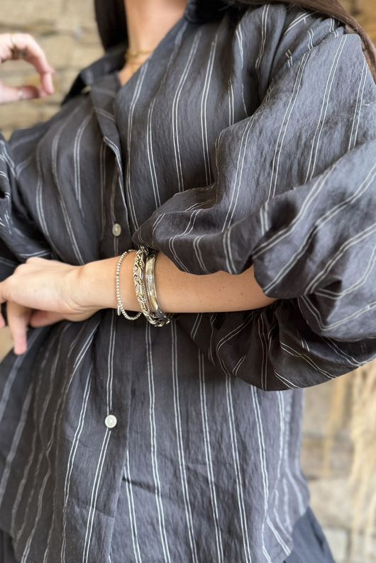 Zeta Otto Pinstripe Puff Sleeve Shirt Black /6