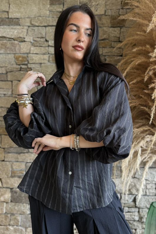 Zeta Otto Pinstripe Puff Sleeve Shirt Black /6