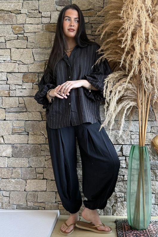 Zeta Otto Pinstripe Puff Sleeve Shirt Black /6