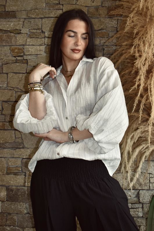 Zeta Otto Pinstripe Puff Sleeve Shirt White 
