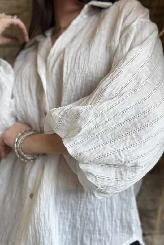 Zeta Otto Pinstripe Puff Sleeve Shirt White /2